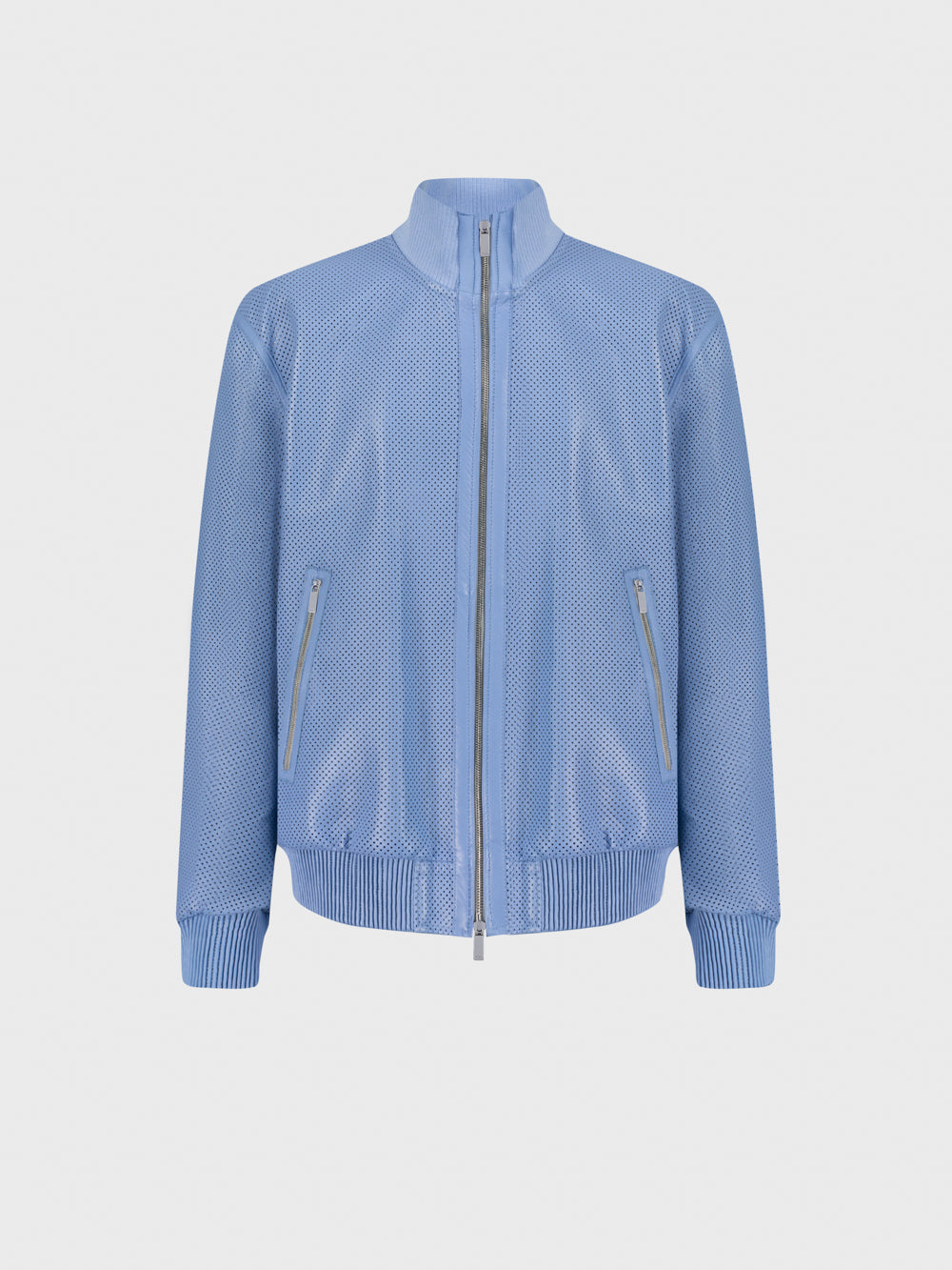 Perforated Leather Bomber Jacket - Pale Blue Onyx & Light Grey