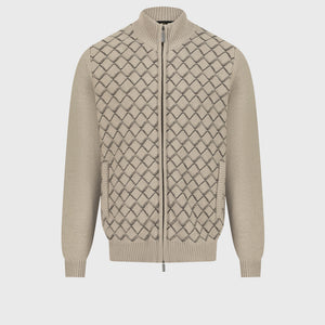 Zip-Up Sweater with Diamond Lattice Knit Pattern – Pale Fawn