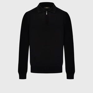 Wool-Silk Lightweight Polo Half-Zip Knit – Black