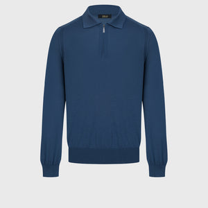 Wool-Silk Lightweight Polo Half-Zip Knit – Smoke Blue