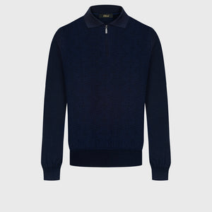 Wool-Silk Polo Half-Zip Pebbled Knit – Dark Navy