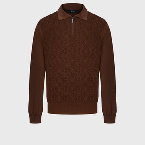Wool-Silk Polo Half-Zip Pebbled Knit – Whiskey