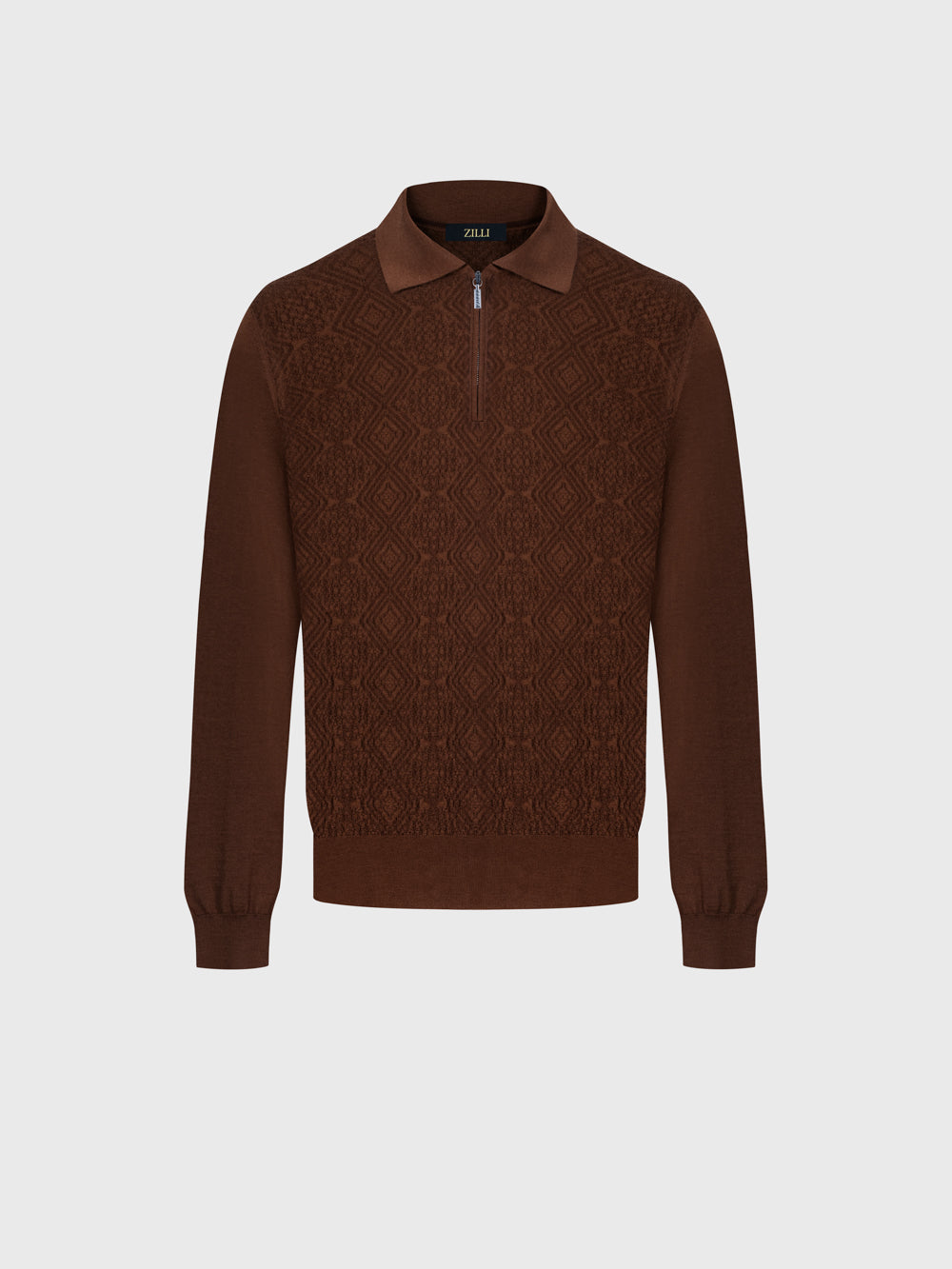 Wool-Silk Polo Half-Zip Pebbled Knit – Whiskey