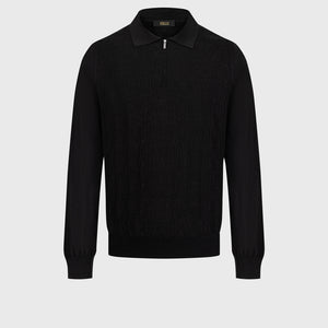 Wool-Silk Polo Half-Zip Pebbled Knit – Black