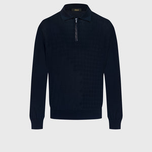 Angled Panel Polo Half-Zip Knit with Crocodile Leather Trim – Dark Navy