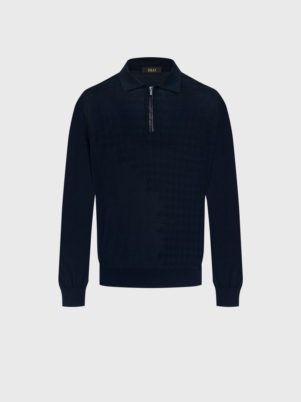Angled Panel Polo Half-Zip Knit with Crocodile Leather Trim – Dark Navy