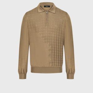 Angled Panel Polo Half-Zip Knit with Crocodile Leather Trim – Cappuccino