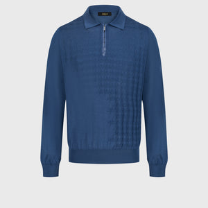 Angled Panel Polo Half-Zip Knit with Crocodile Leather Trim – Oxford Blue