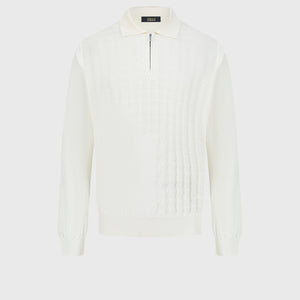Angled Panel Polo Half-Zip Knit with Crocodile Leather Trim – Blond Fawn