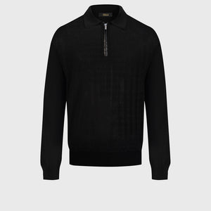 Angled Panel Polo Half-Zip Knit with Crocodile Leather Trim – Black