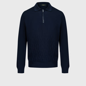 Speckled Half-Zip Knit with Crocodile Leather Trim – Dark Navy