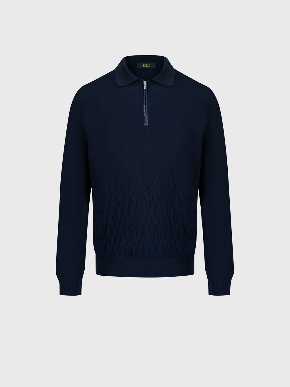 Speckled Half-Zip Knit with Crocodile Leather Trim – Dark Navy