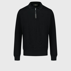 Speckled Half-Zip Knit with Crocodile Leather Trim – Black