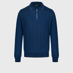 100% Silk Half-Zip Knit with Crocodile Leather Trim – Smoke Blue