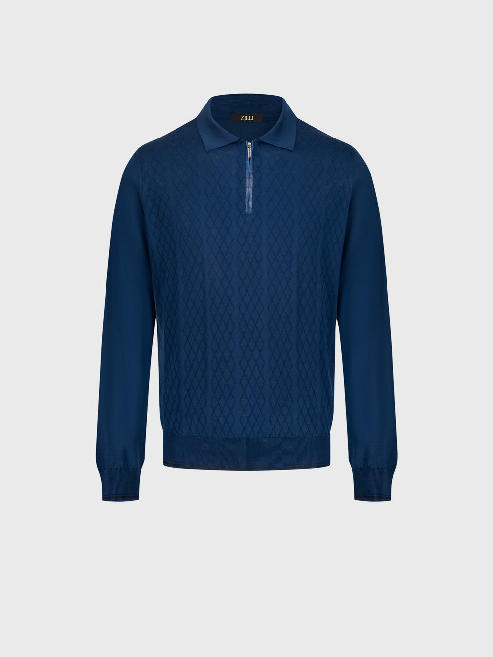 100% Silk Half-Zip Knit with Crocodile Leather Trim – Smoke Blue