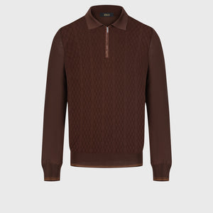 100% Silk Half-Zip Knit with Crocodile Leather Trim – Chocolate