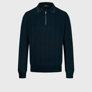 100% Silk Half-Zip Knit with Crocodile Leather Trim – Dark Navy