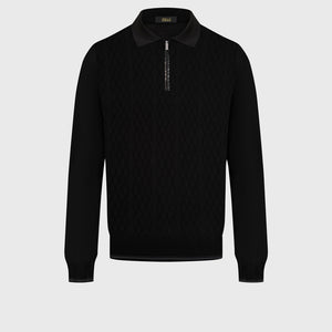 100% Silk Half-Zip Knit with Crocodile Leather Trim – Black