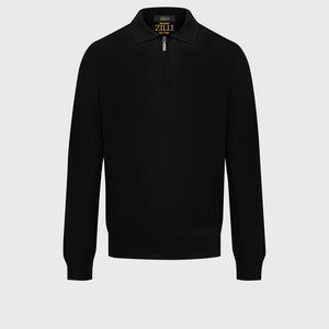 100% Wool Polo Half-Zip Knit – Black
