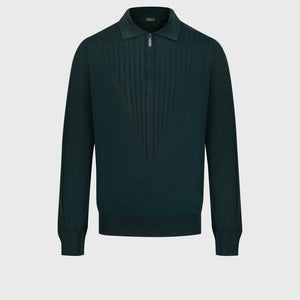 Wool-Silk Blend Half-Zip Knit with Inverted V Rib Panel – English Green