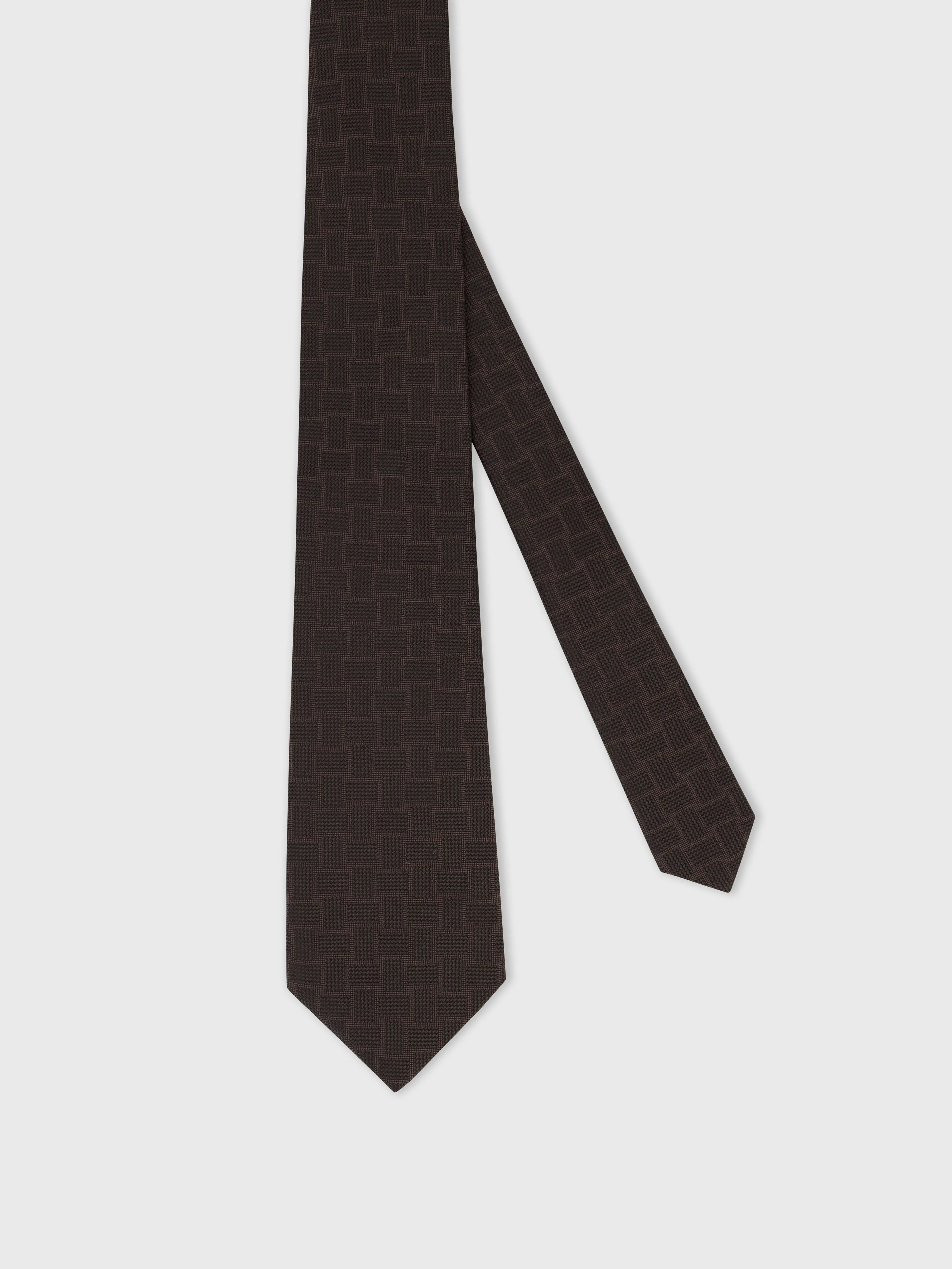 100% Silk Tie with Basketweave Jacquard - Chocolate