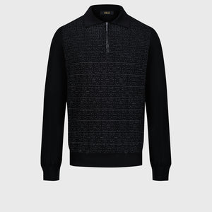 Jacquard Polo Half-Zip Knit with Crocodile Leather Trim – Black