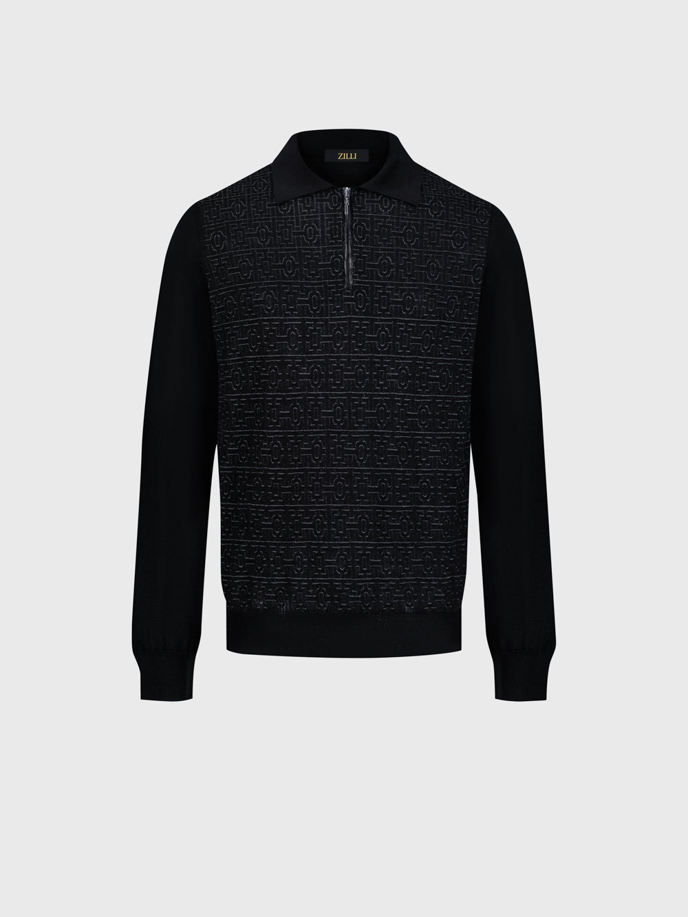 Jacquard Polo Half-Zip Knit with Crocodile Leather Trim – Black