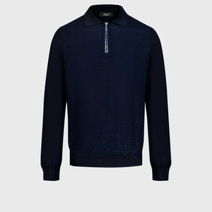 Jacquard Polo Half-Zip Knit with Crocodile Leather Trim – Dark Navy