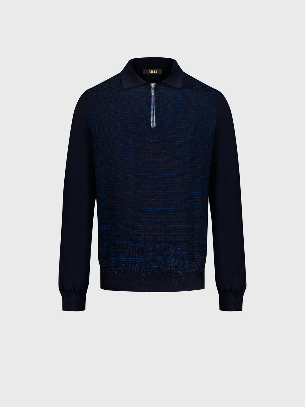 Jacquard Polo Half-Zip Knit with Crocodile Leather Trim – Dark Navy