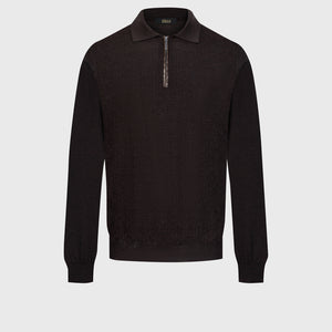 Jacquard Polo Half-Zip Knit with Crocodile Leather Trim – Chocolate