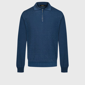 Jacquard Polo Half-Zip Knit with Crocodile Leather Trim – Smoke Blue