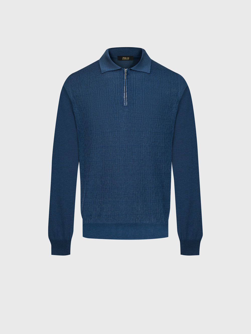Jacquard Polo Half-Zip Knit with Crocodile Leather Trim – Smoke Blue