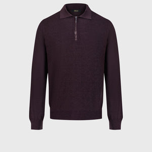 Jacquard Polo Half-Zip Knit with Crocodile Leather Trim – Deep Cherry