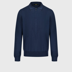 Wool-Silk Blend Half-Zip Knit with Inverted V Rib Panel – Smoke Blue