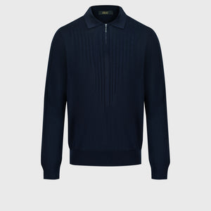 Wool-Silk Blend Half-Zip Knit with Inverted V Rib Panel – Dark Navy
