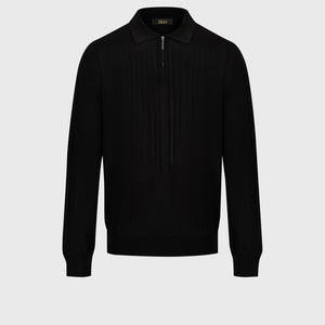 Wool-Silk Blend Half-Zip Knit with Inverted V Rib Panel – Black