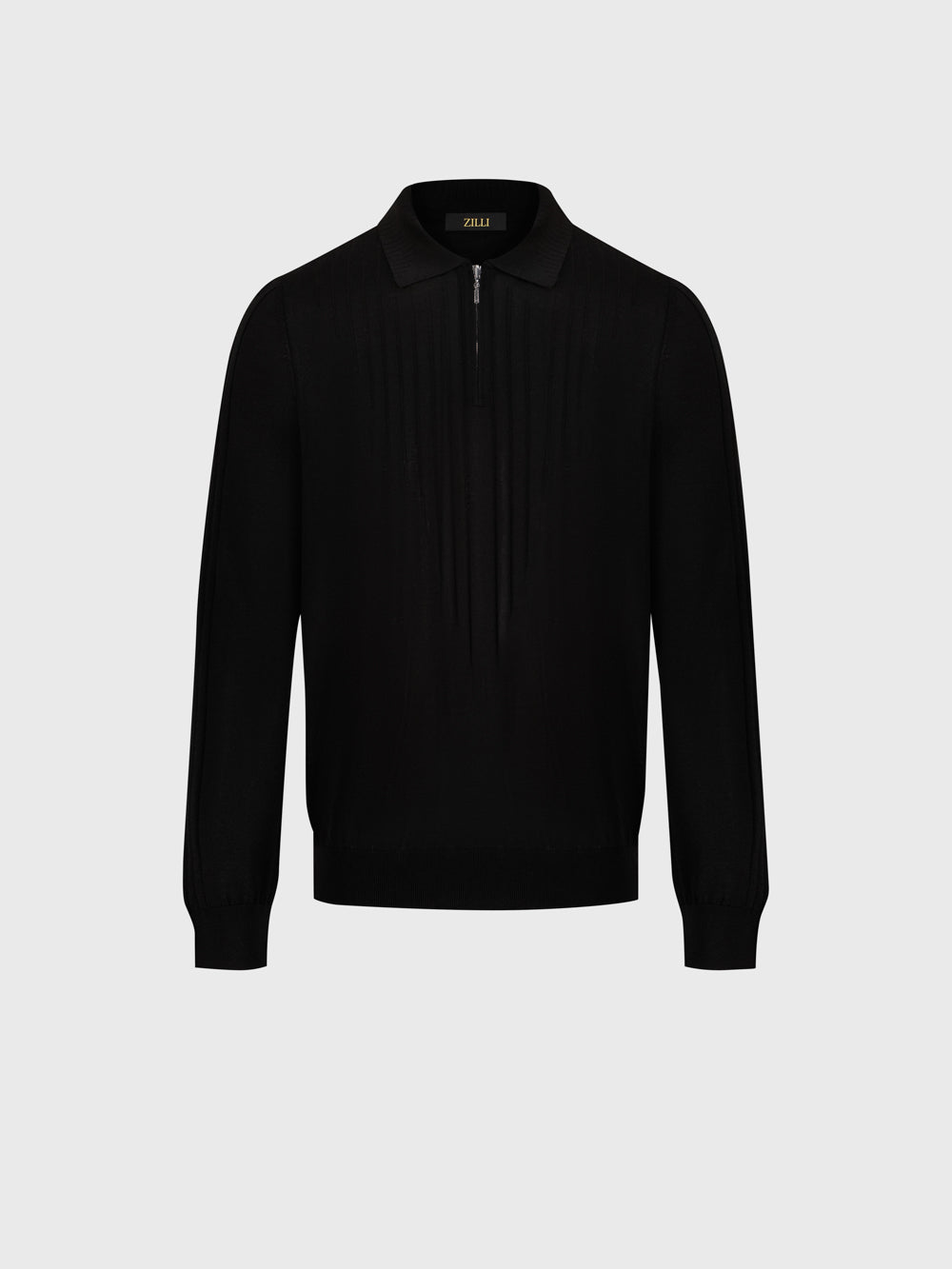 Wool-Silk Blend Half-Zip Knit with Inverted V Rib Panel – Black