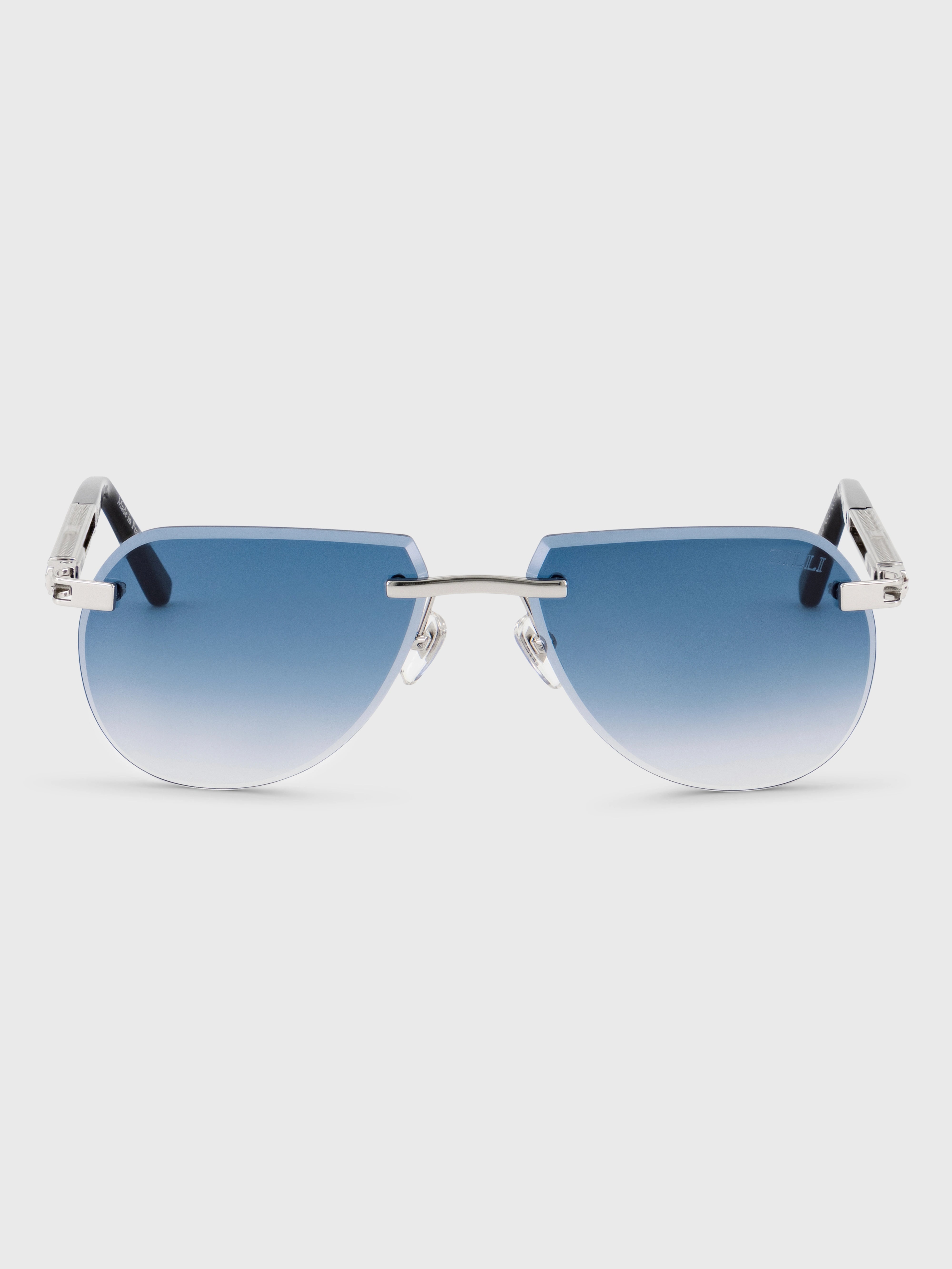 Rimless Navigator Shield Sunglasses - Blue Tint Silver