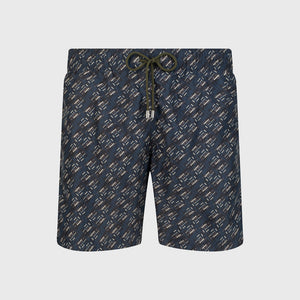 Swim Shorts with Abstract Motif - Chocolate