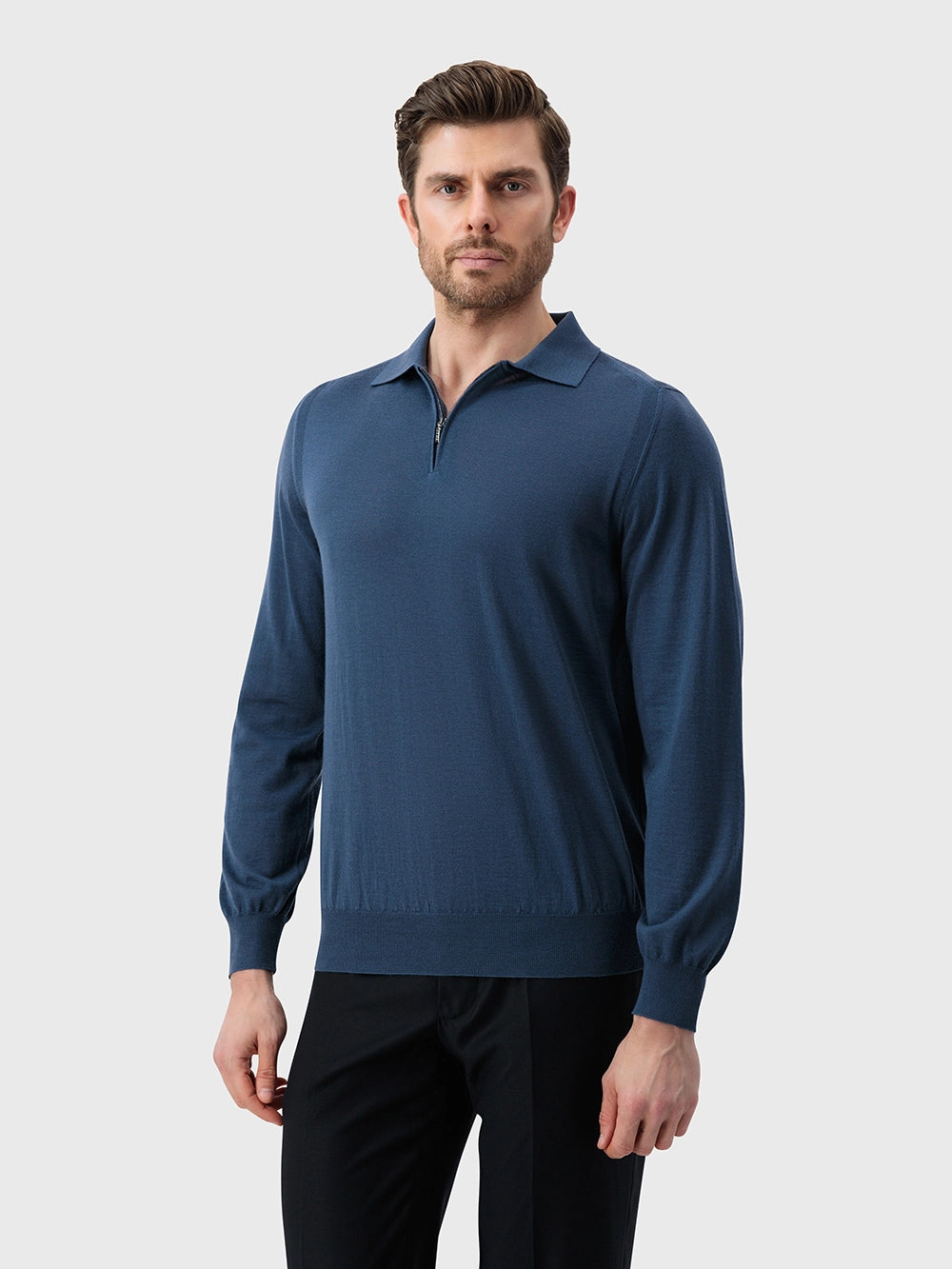 Wool-Silk Lightweight Polo Half-Zip Knit – Smoke Blue