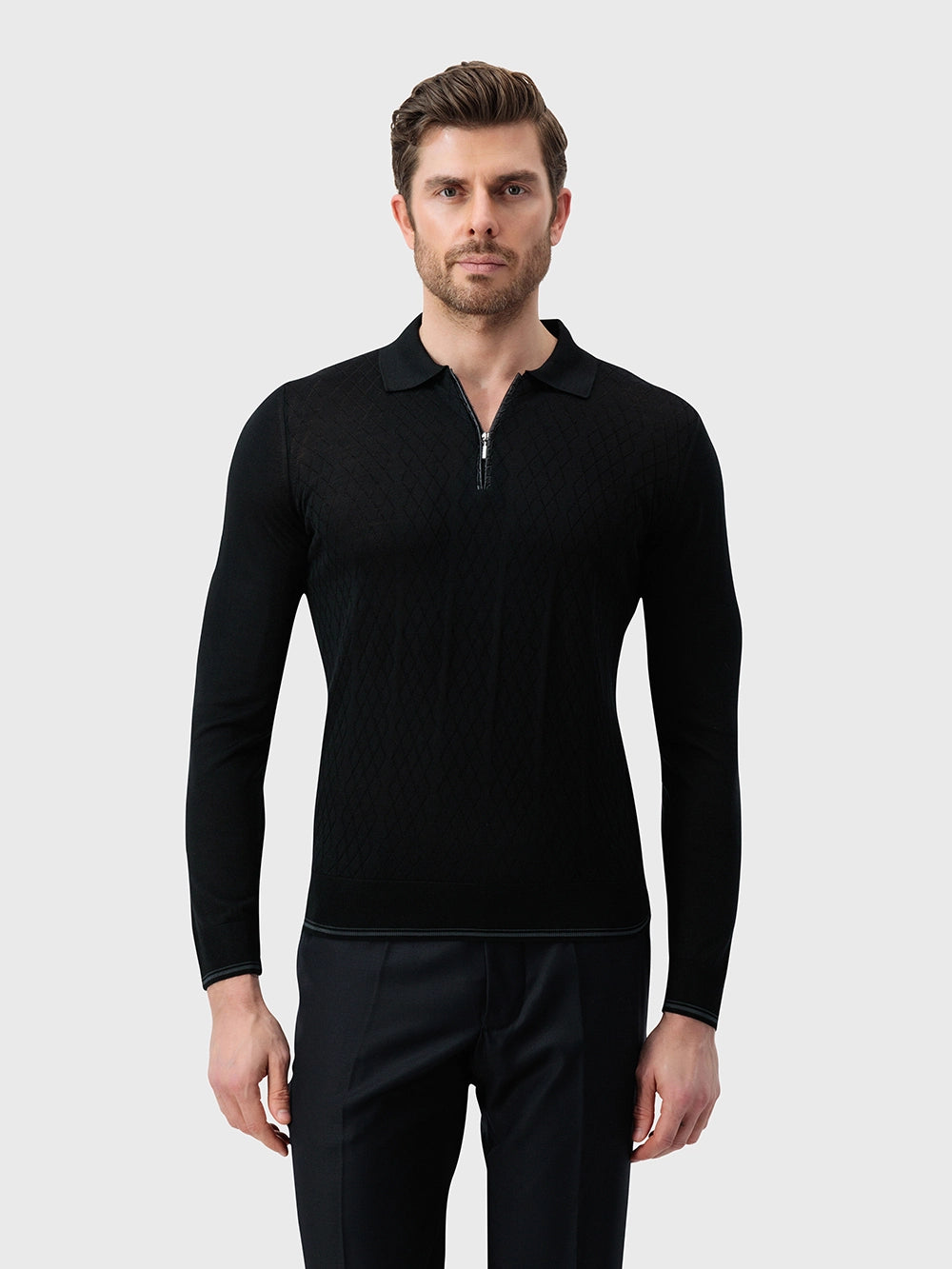 100% Silk Half-Zip Knit with Crocodile Leather Trim – Black
