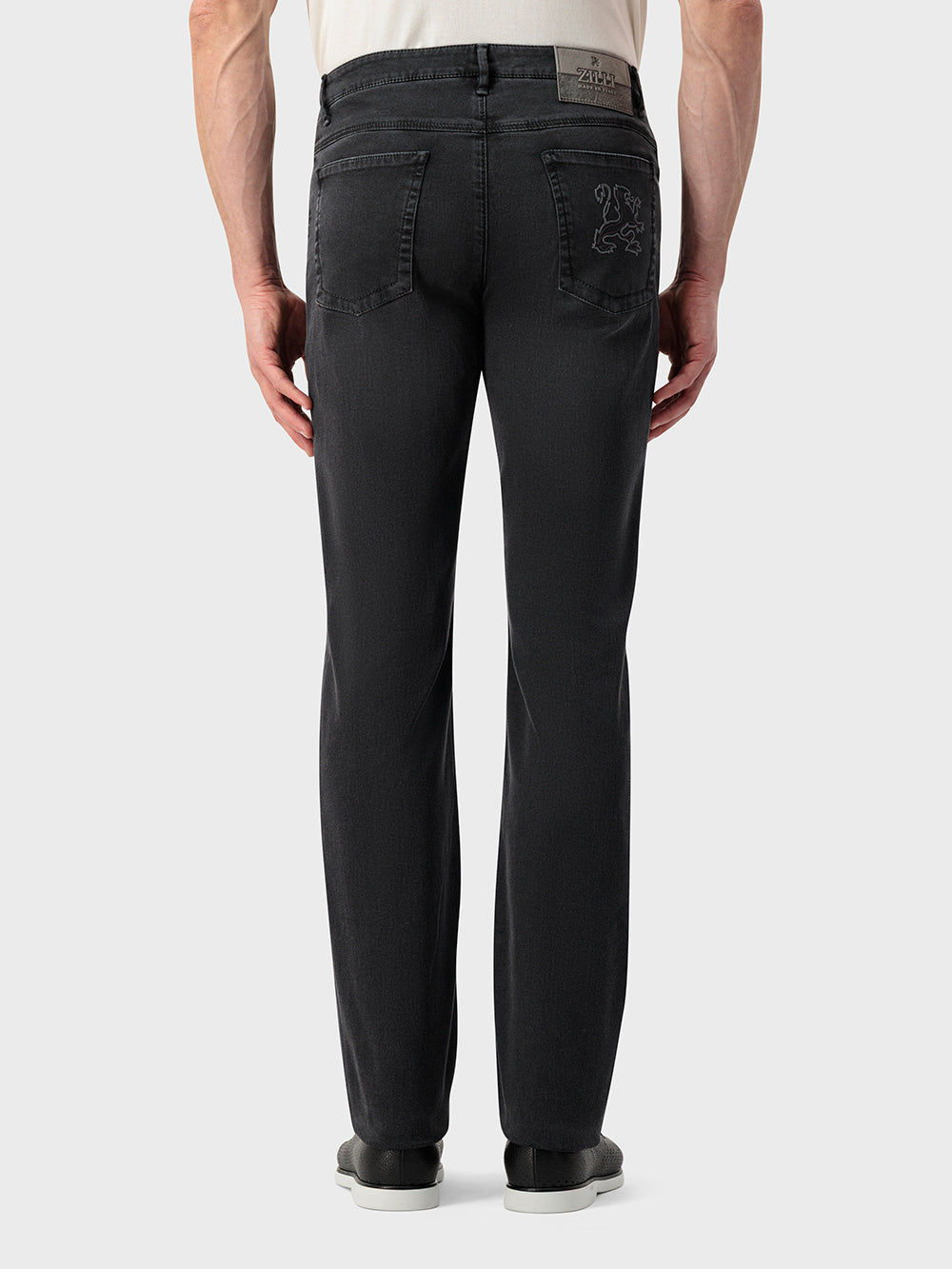 Slim Fit "Big Lion" Embroidery Denim Cotton Trousers - Grey Anthracite