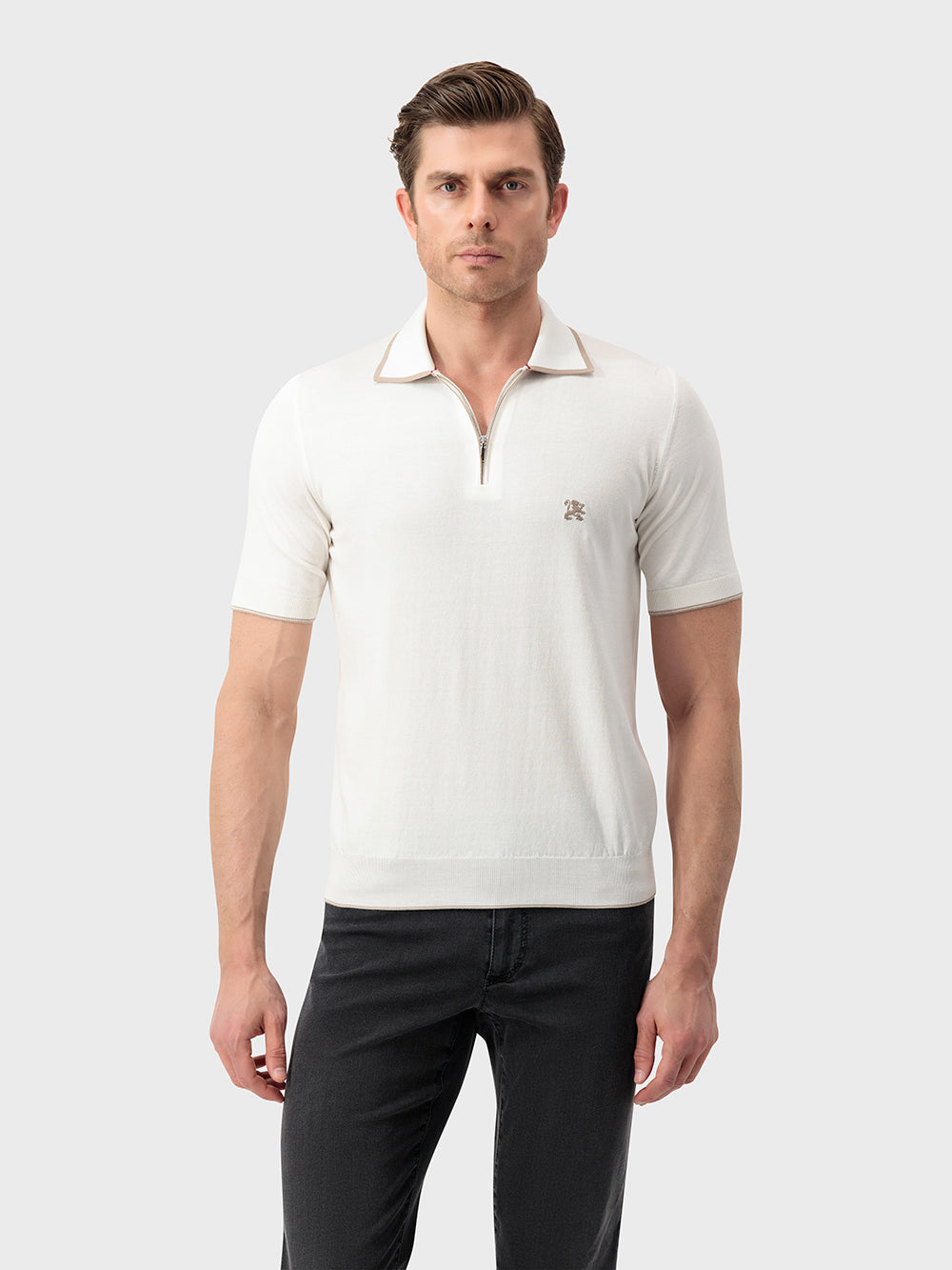 "ZILLI Club Lion" Embroidery Silk and Cotton Polo - Natural White