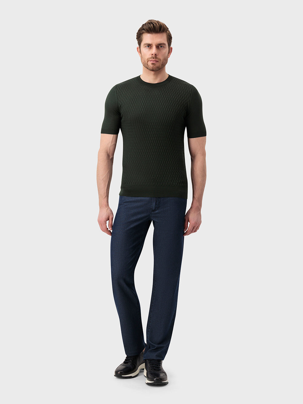 "Micro Lozenges" Silk Knit Shirt - Dark Green