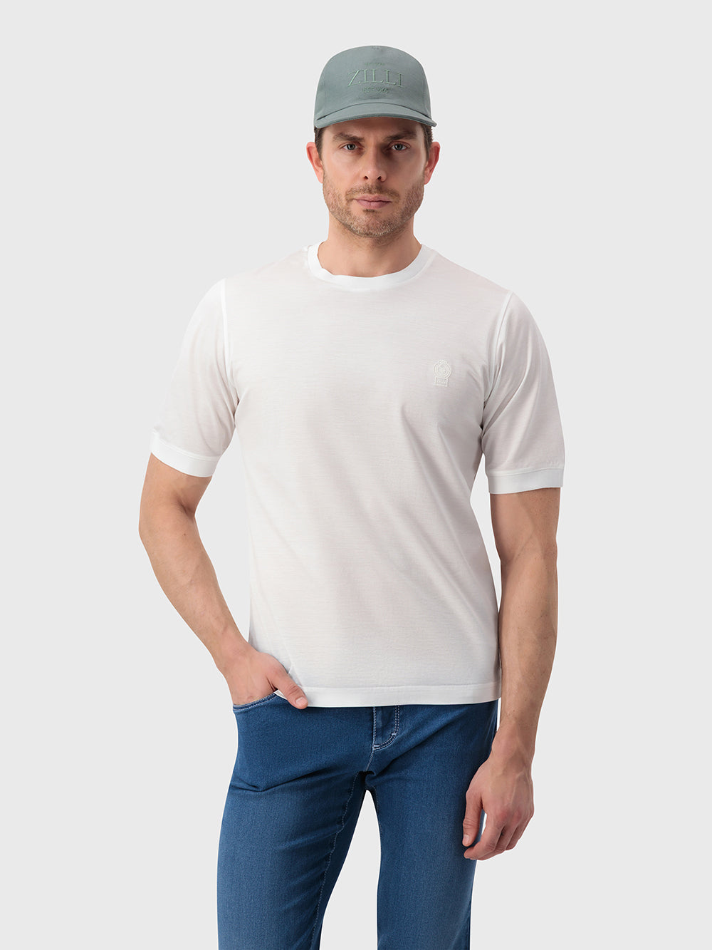 "ZILLI Crest" Embroidery Cotton T-Shirt - White