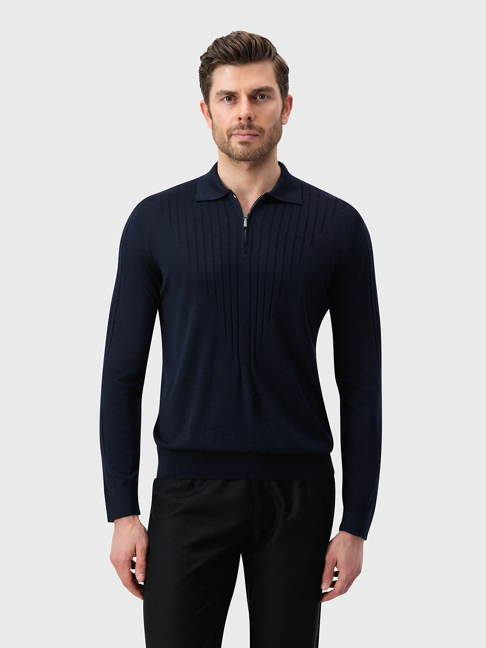 Wool-Silk Blend Half-Zip Knit with Inverted V Rib Panel – Dark Navy