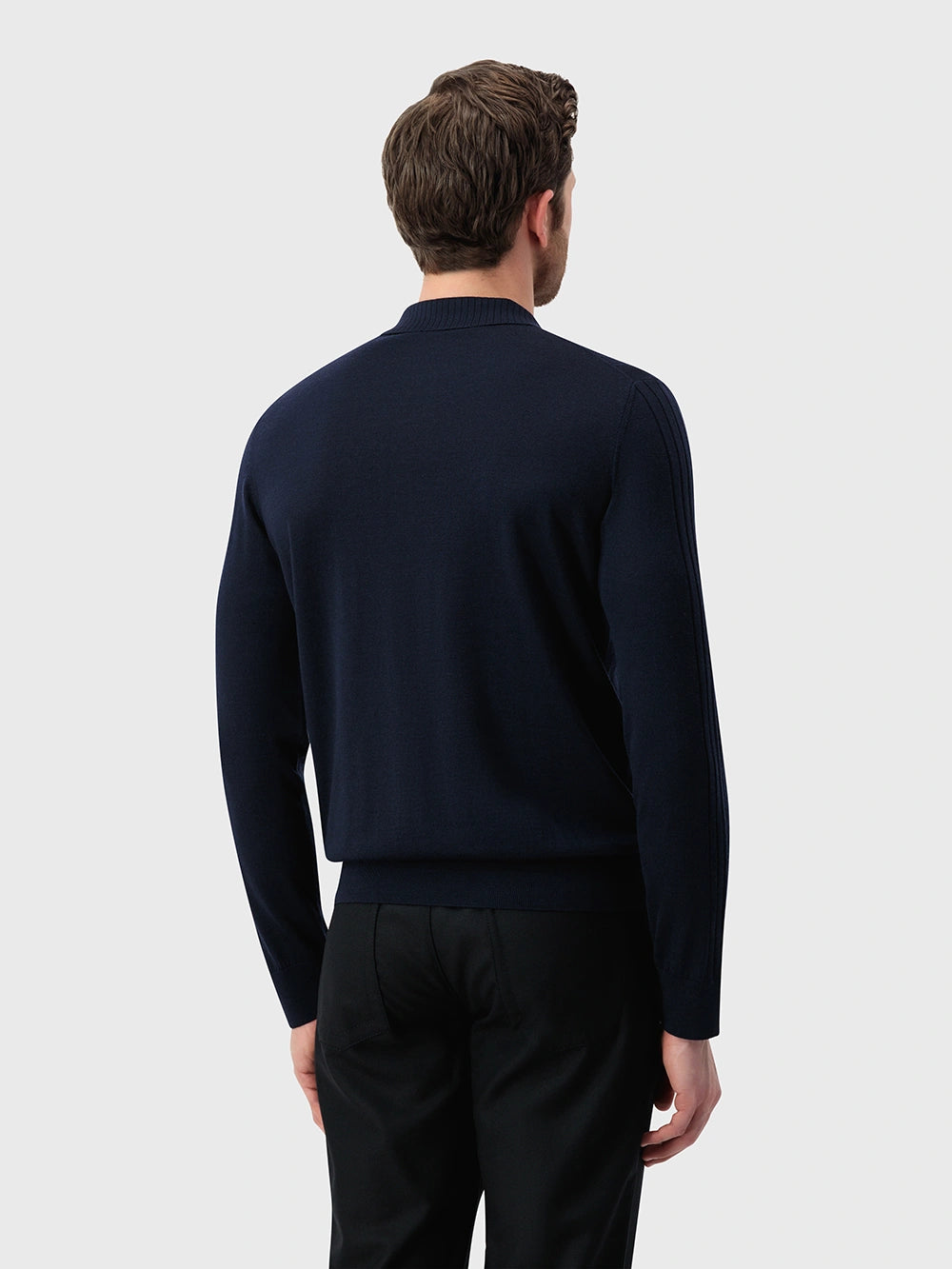 Wool-Silk Blend Half-Zip Knit with Inverted V Rib Panel – Dark Navy