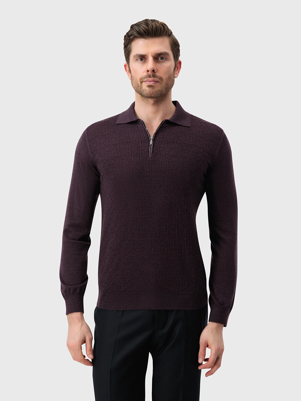 Jacquard Polo Half-Zip Knit with Crocodile Leather Trim – Deep Cherry