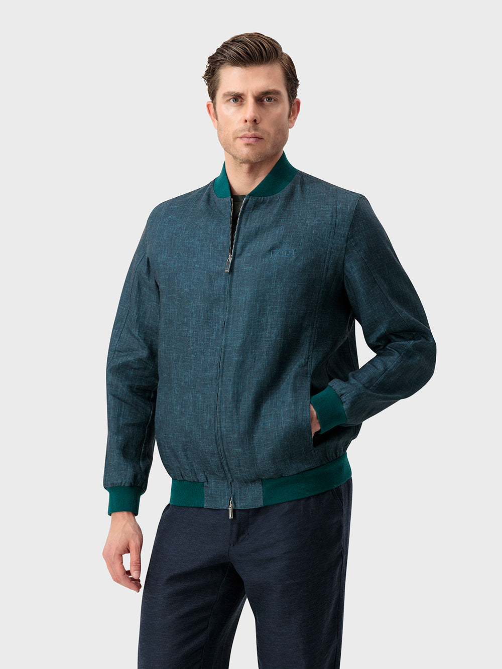Ribbed Collar Linen Bomber Jacket - Deep Malachite
