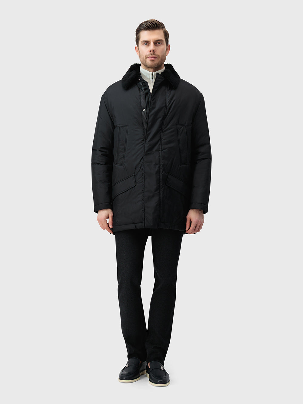 Silk, Deerskin & Shearling Coat - Black